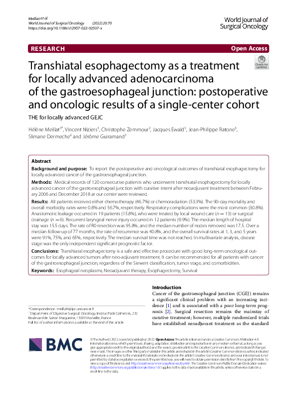 (PDF) Transhiatal esophagectomy as a treatment for locally advanced ...