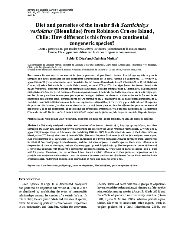 (PDF) Diet and parasites of the insular fish Scartichthys variolatus ...