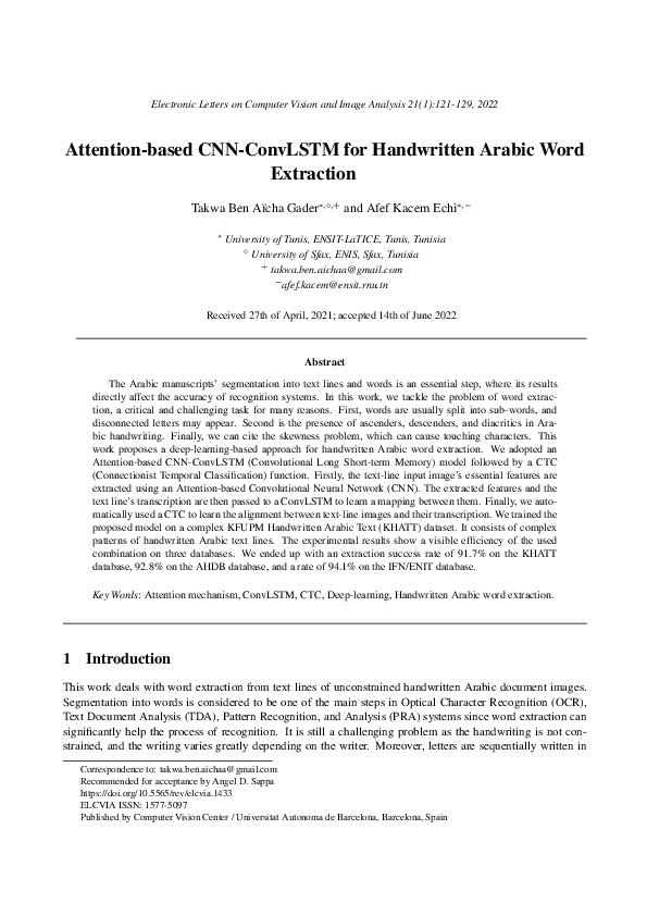 (PDF) Attention-based CNN-ConvLSTM for Handwritten Arabic Word Extraction