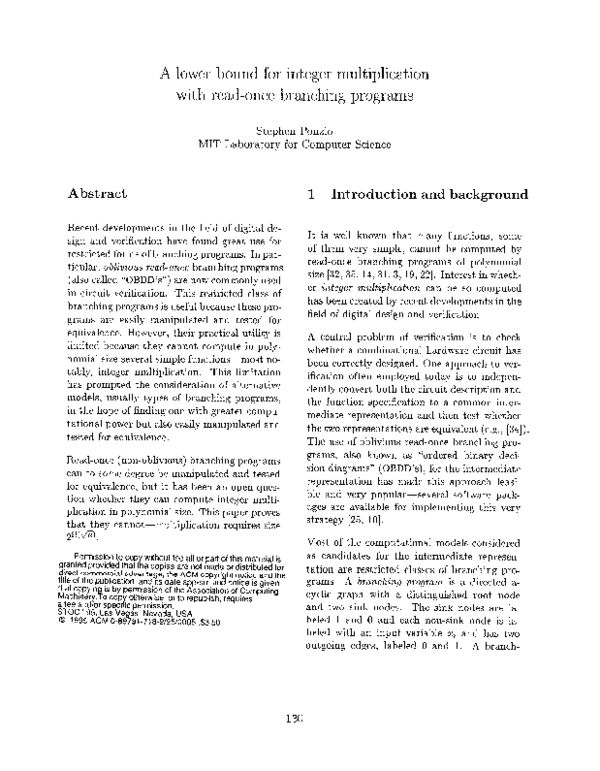 (PDF) A lower bound for integer multiplication with read-once branching ...