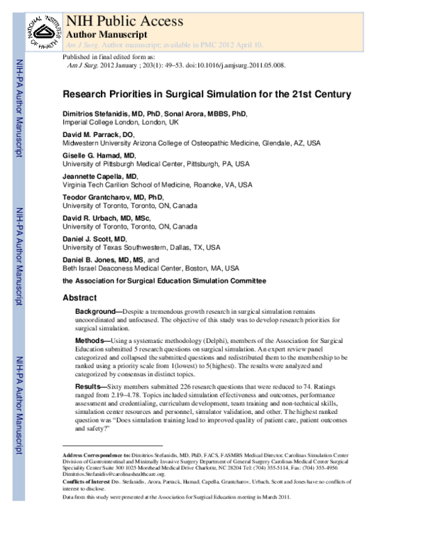 (PDF) Research priorities in surgical simulation for the 21st century
