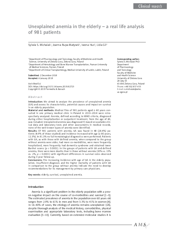 (PDF) Unexplained anemia in the elderly – a real life analysis of 981 ...