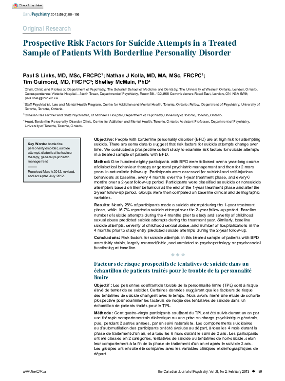 (PDF) Prospective Risk Factors for Suicide Attempts in a Treated Sample ...