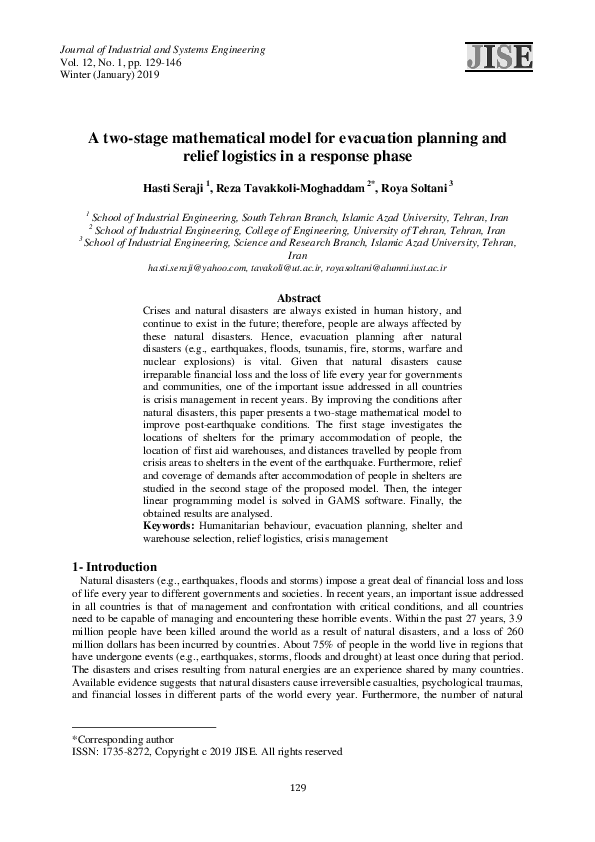 (PDF) A two-stage mathematical model for evacuation planning and relief ...