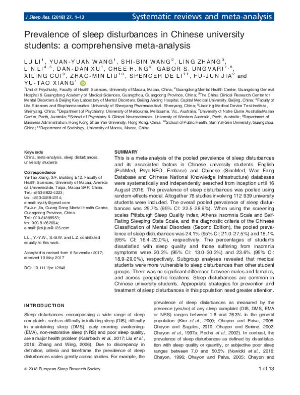 (PDF) Prevalence of sleep disturbances in Chinese university students ...