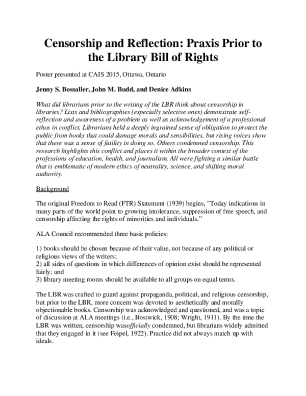 (PDF) Censorship and Reflection: Praxis Prior to the Library Bill of ...