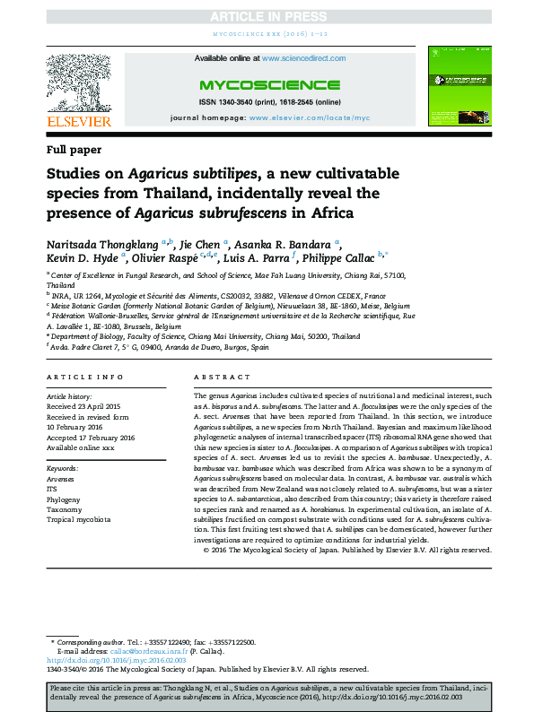 (PDF) Studies on Agaricus subtilipes , a new cultivatable species from ...