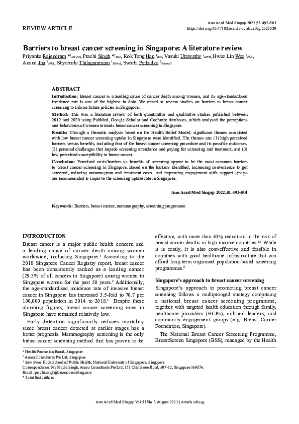 (PDF) Barriers to breast cancer screening in Singapore: A literature review
