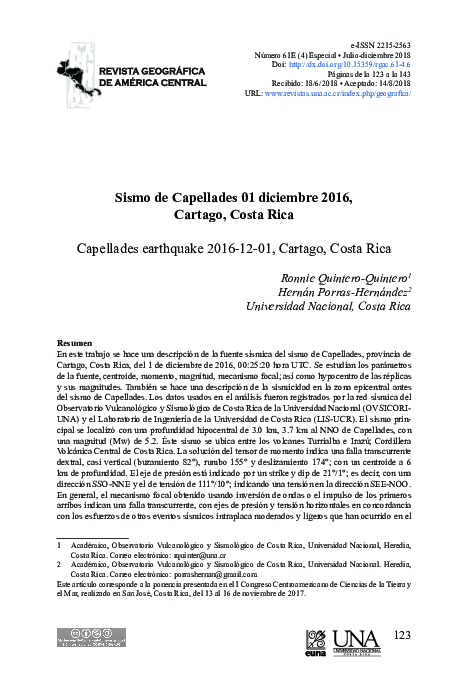 (PDF) Sismo de Capellades 01 diciembre 2016, Cartago, Costa Rica