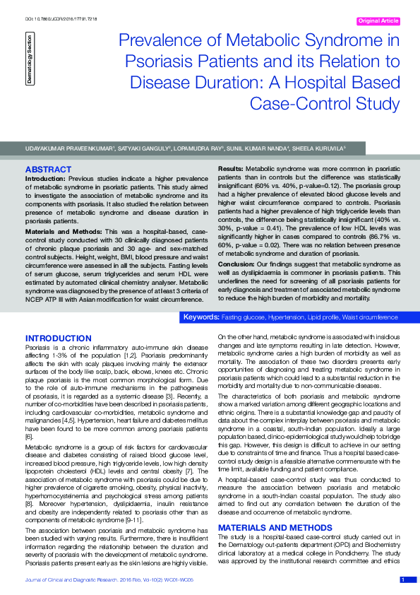 (PDF) Prevalence of Metabolic Syndrome in Psoriasis Patients and its ...