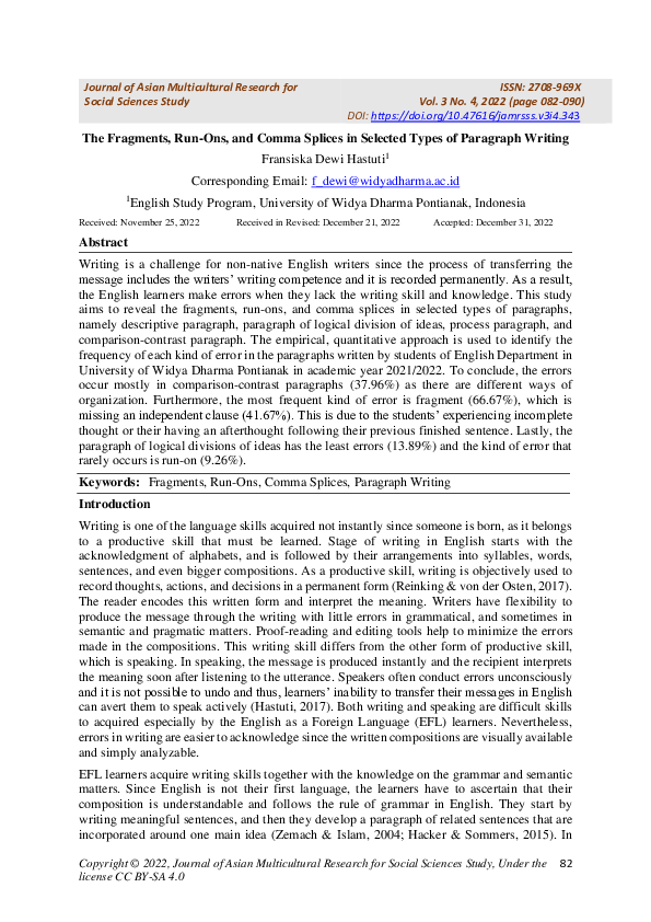 (PDF) The Fragments, Run-Ons, and Comma Splices in Selected Types of ...