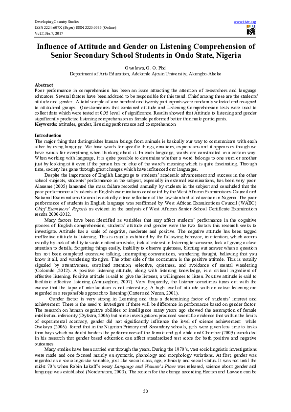 (PDF) Influence of Attitude and Gender on Listening Comprehension of ...