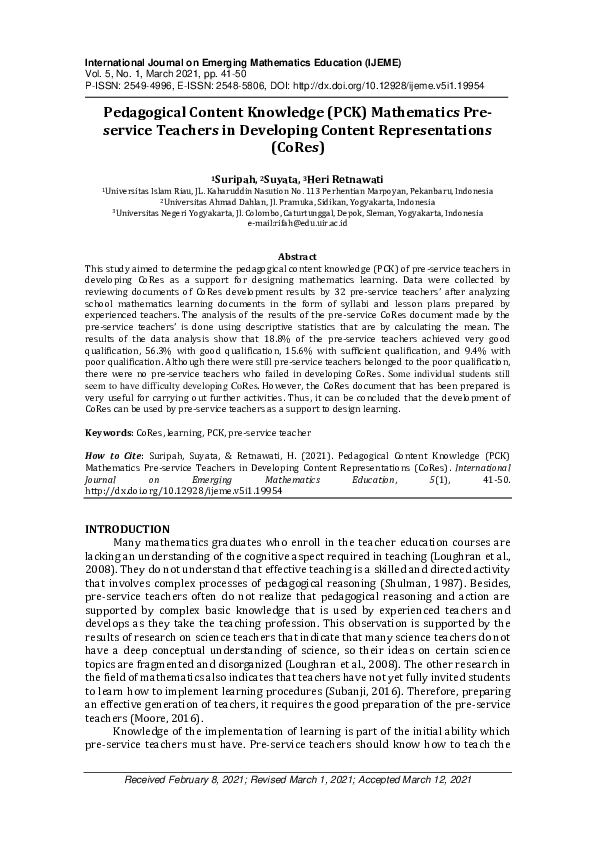 (PDF) Pedagogical Content Knowledge (PCK) Mathematics Pre-service ...