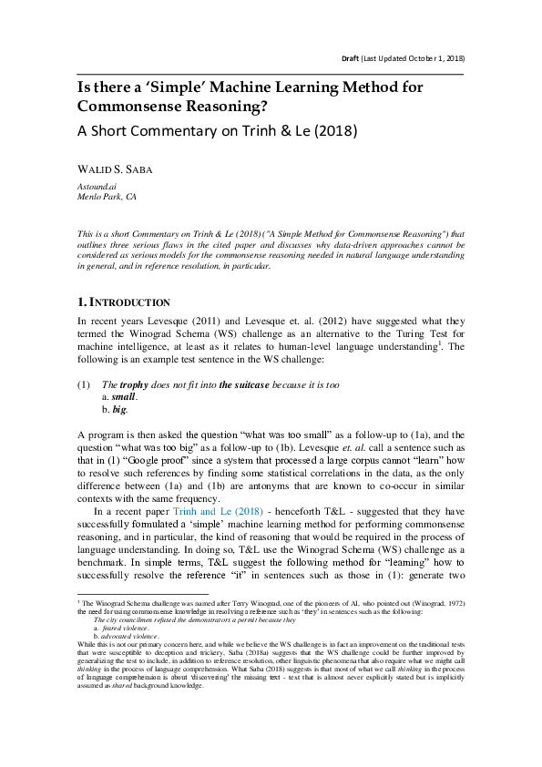 (PDF) A Simple Machine Learning Method for Commonsense Reasoning? A ...