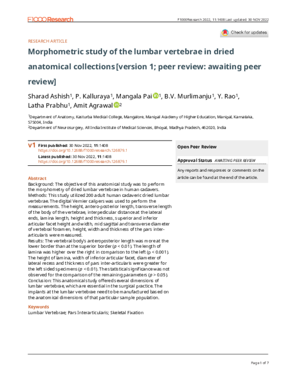 (PDF) Morphometric study of the lumbar vertebrae in dried anatomical ...