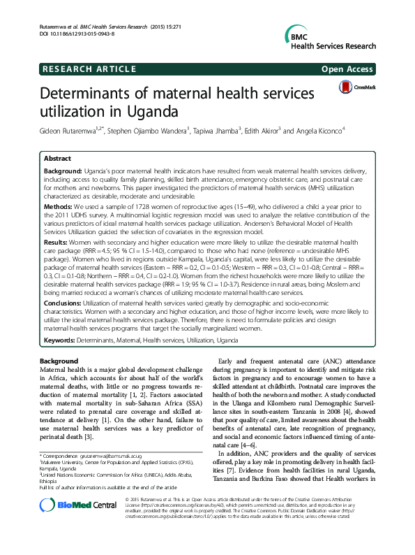 (PDF) Determinants of maternal health services utilization in Uganda