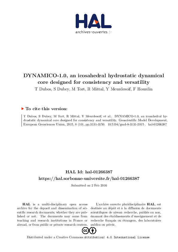(PDF) DYNAMICO, an icosahedral hydrostatic dynamical core designed for ...