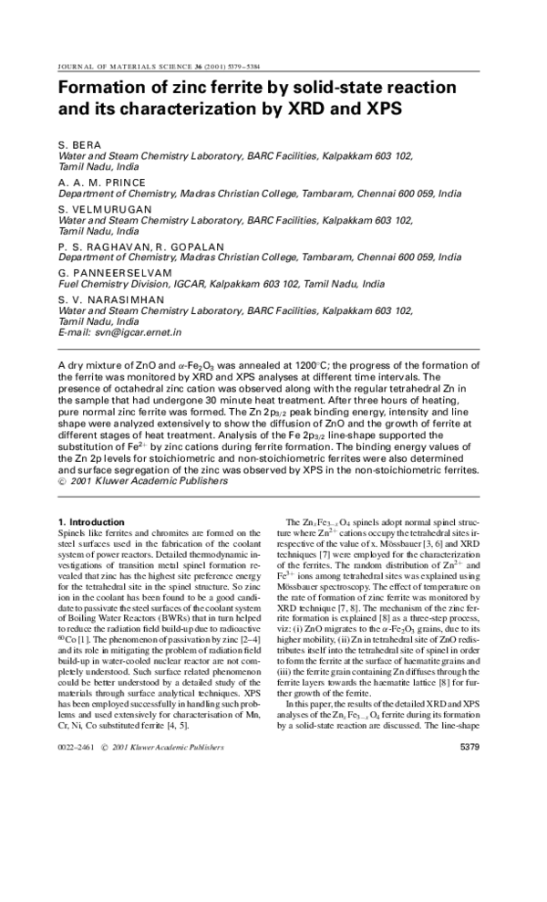 (PDF) Formation of zinc ferrite by solidstate reaction and its