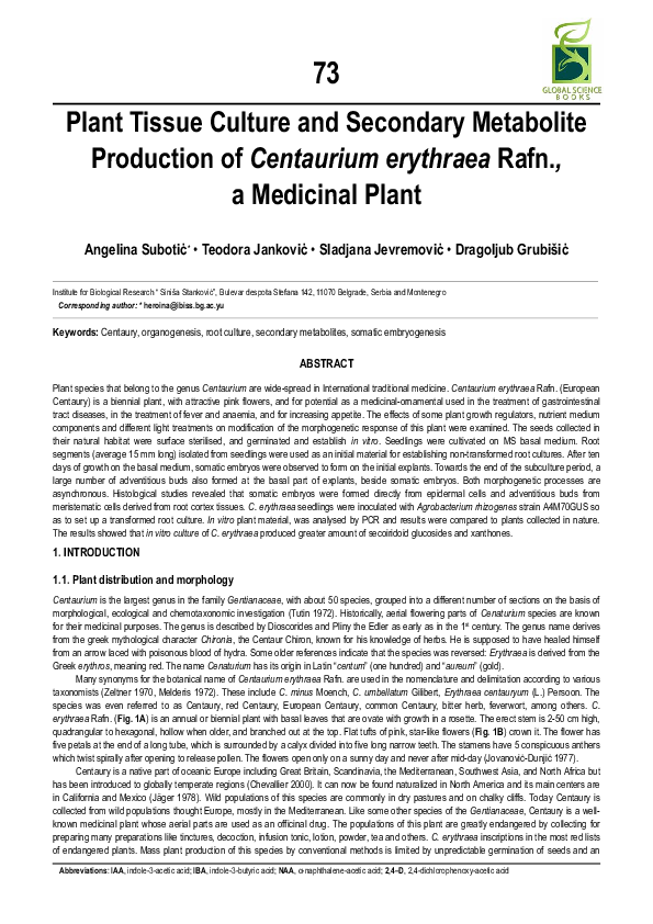 (PDF) Plant Tissue Culture and Secondary Metabolite Production of ...