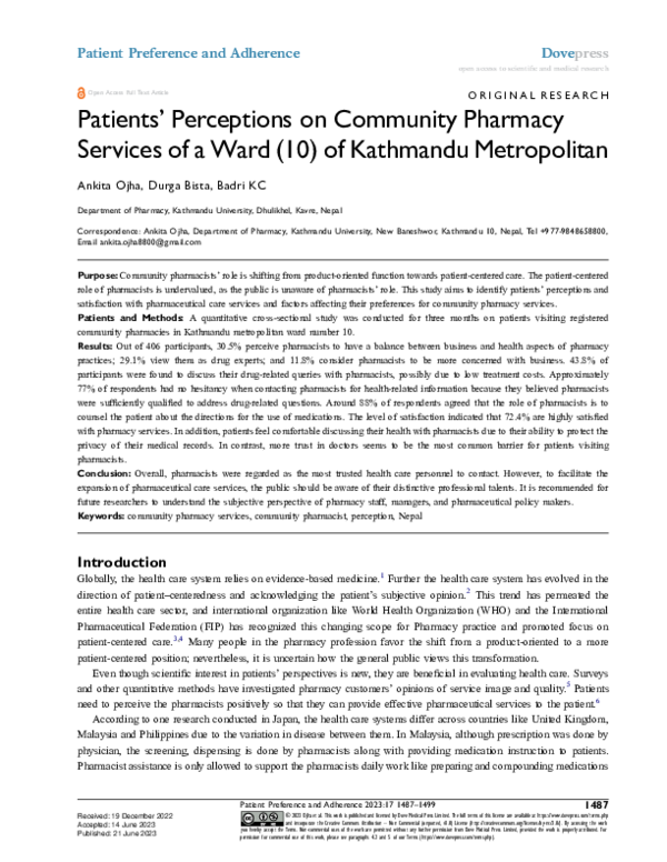 (PDF) Patients’ Perceptions on Community Pharmacy Services of a Ward ...