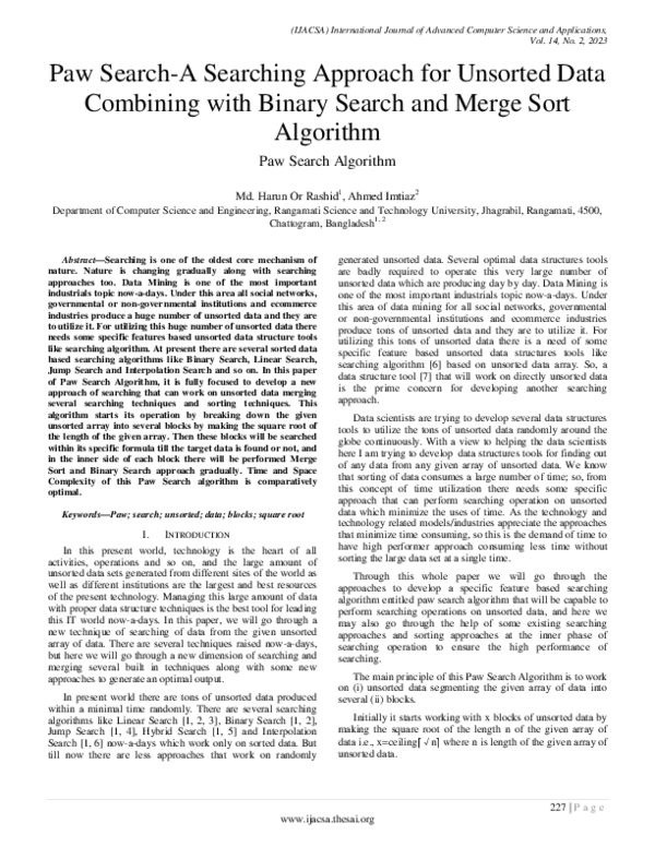 (PDF) Paw Search - A Searching Approach for Unsorted Data Combining ...