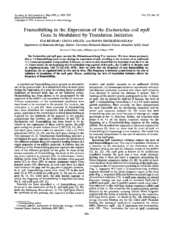 (PDF) Frameshifting in the expression of the Escherichia coli trpR gene ...