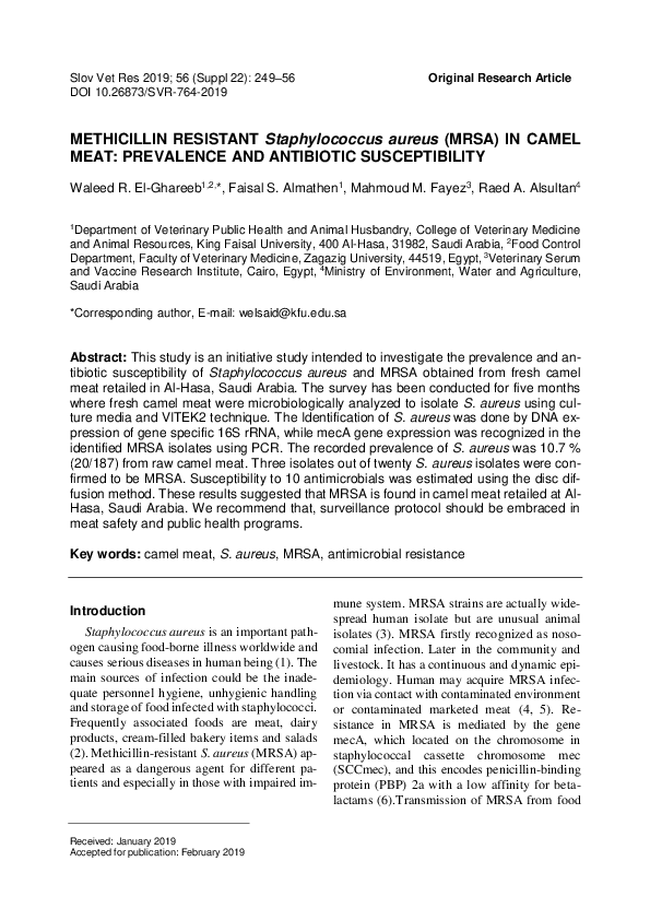 (PDF) Methicillin Resistant Staphylococcus Aureus (Mrsa) in Camel Meat ...