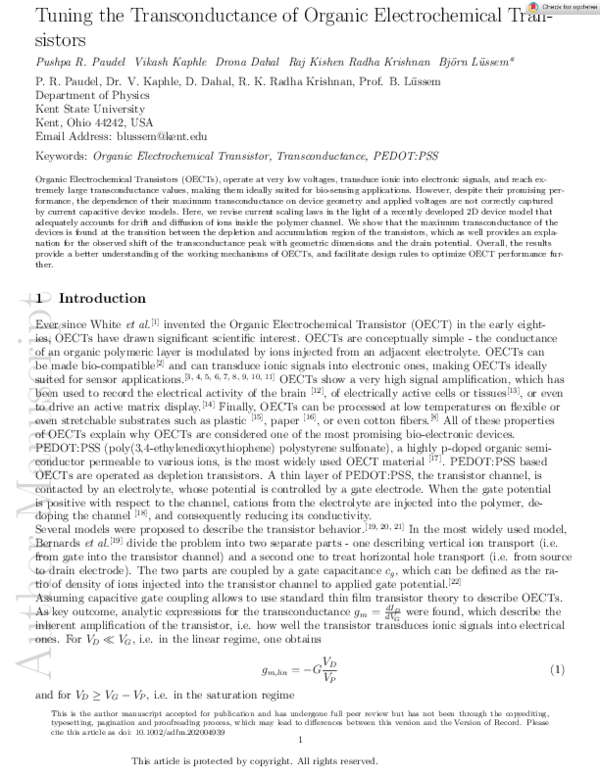 (PDF) Tuning the Transconductance of Organic Electrochemical Transistors