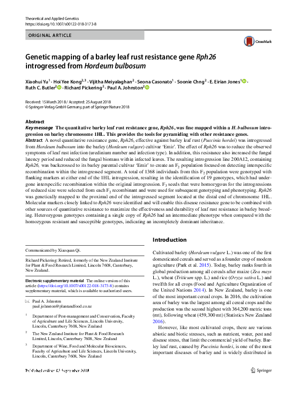 (PDF) Genetic mapping of a barley leaf rust resistance gene Rph26 ...