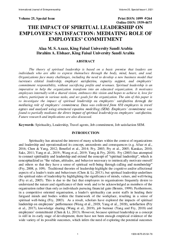 (PDF) The Impact of Spiritual Leadership on Employees Satisfaction ...