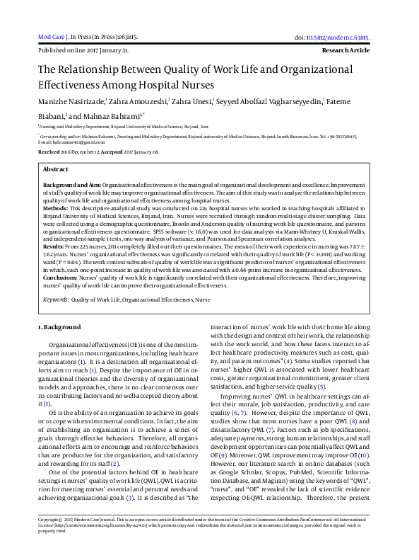 (PDF) The Relationship Between Quality of Work Life and Organizational ...