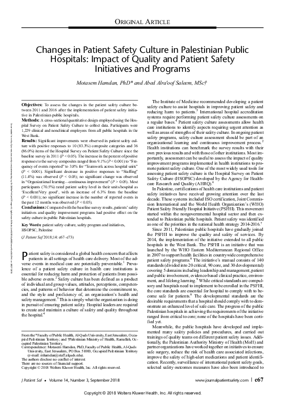 (PDF) Changes in Patient Safety Culture in Palestinian Public Hospitals ...