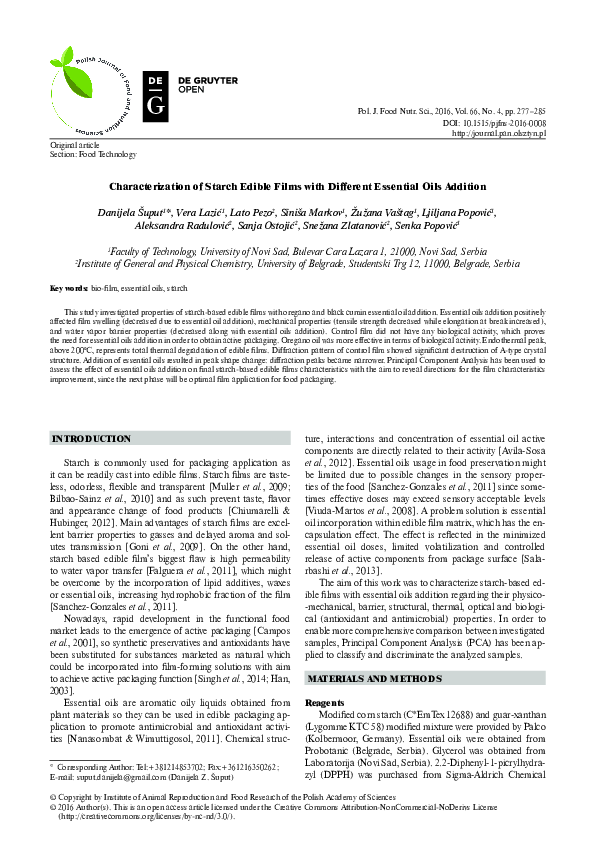(PDF) Characterization of Starch Edible Films with Different Essential ...