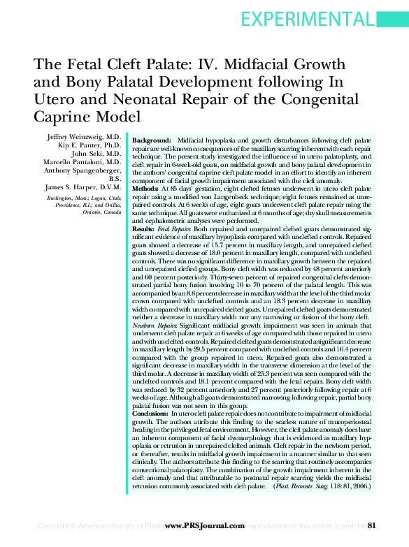 (PDF) The fetal cleft palate IV. Midfacial growth and bony palatal