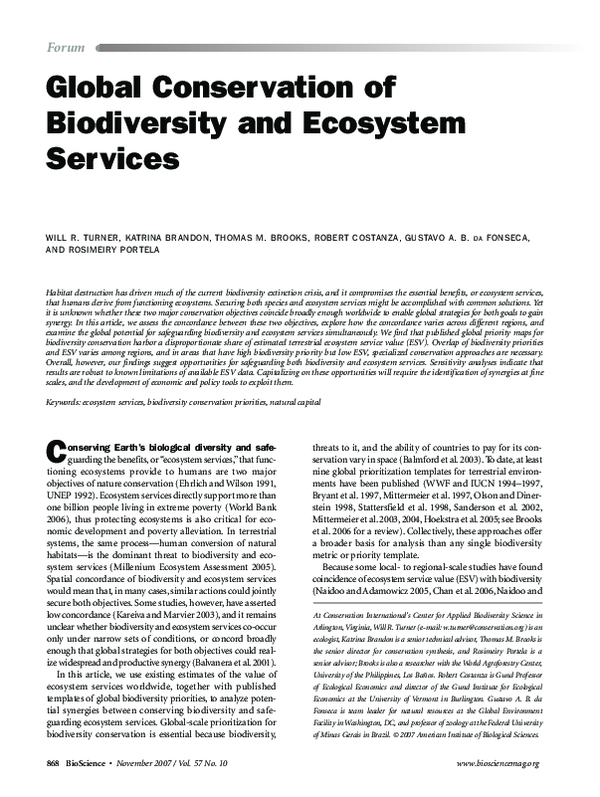 (PDF) Global conservation of biodiversity and ecosystem services