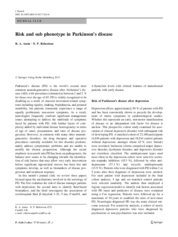 (PDF) Risk and sub phenotype in Parkinson’s disease