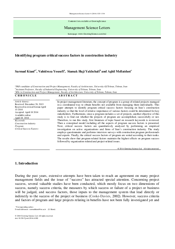 (PDF) Identifying program critical success factors in construction industry