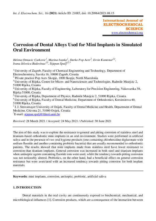 (PDF) Corrosion of Dental Alloys Used for Mini Implants in Simulated