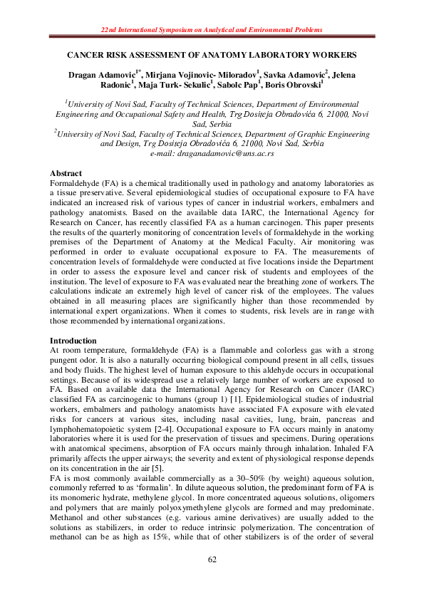 (PDF) Cancer risk assessment of anatomy laboratory workers
