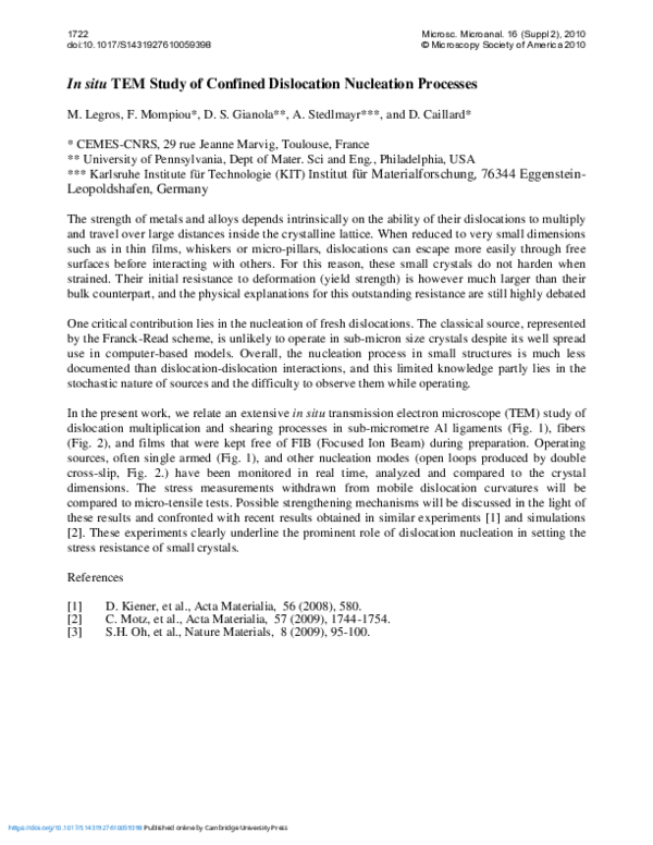 (PDF) In Situ TEM Study of Confined Dislocation Nucleation Processes