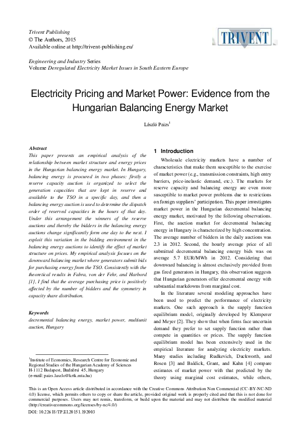 (PDF) Electricity Pricing and Market Power: Evidence from the Hungarian ...