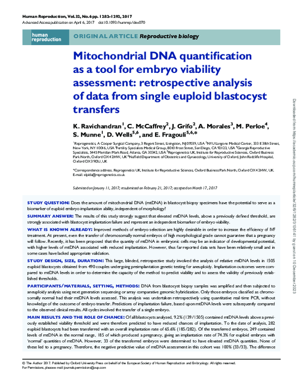 (PDF) Mitochondrial DNA quantification as a tool for embryo viability ...