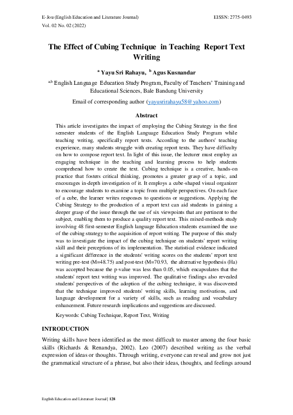 (PDF) The Effect of Cubing Technique in Teaching Report Text Writing