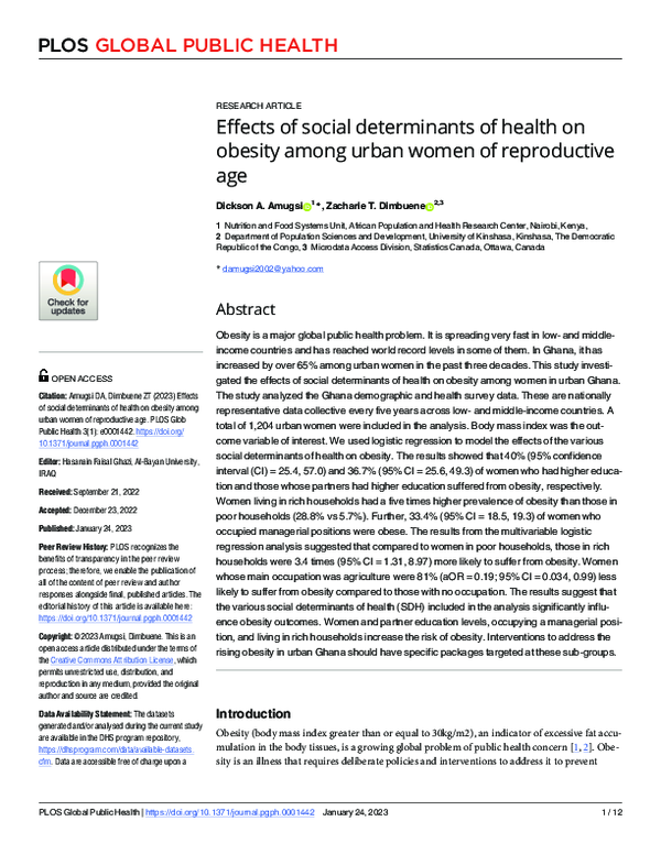 (PDF) Effects of social determinants of health on obesity among urban ...