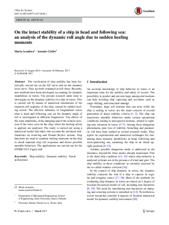 (PDF) On the intact stability of a ship in head and following sea: an ...