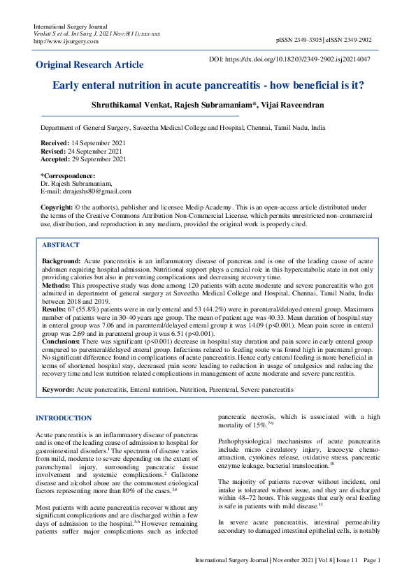 (PDF) Early enteral nutrition in acute pancreatitis - how beneficial is it?