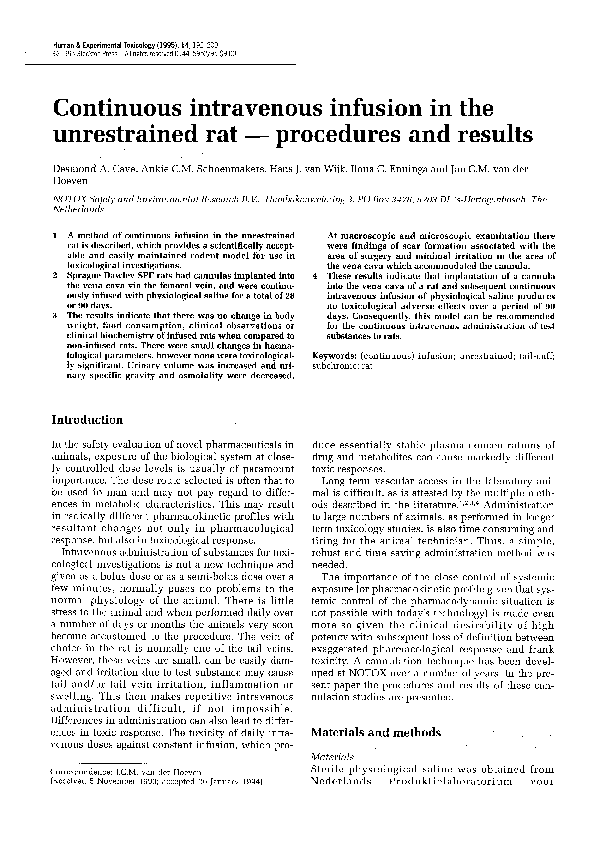 (PDF) Continuous intravenous infusion in the unrestrained rat ...