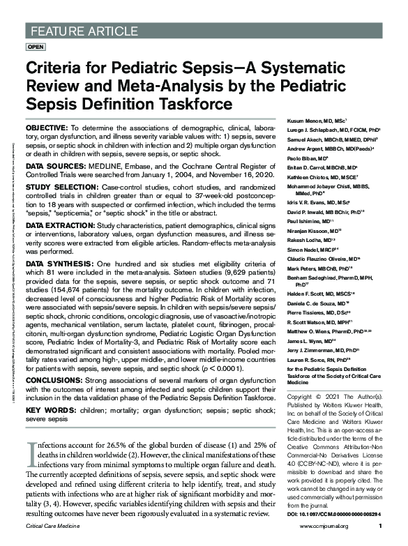 (PDF) Criteria for Pediatric Sepsis—A Systematic Review and Meta ...