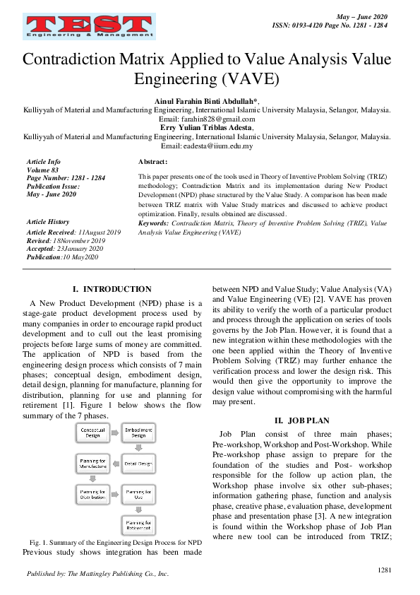 (PDF) Contradiction Matrix Applied to Value Analysis Value Engineering ...