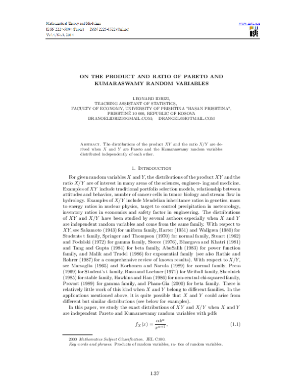 (PDF) On the Product and Ratio of Pareto and Kumaraswamy Random Variables